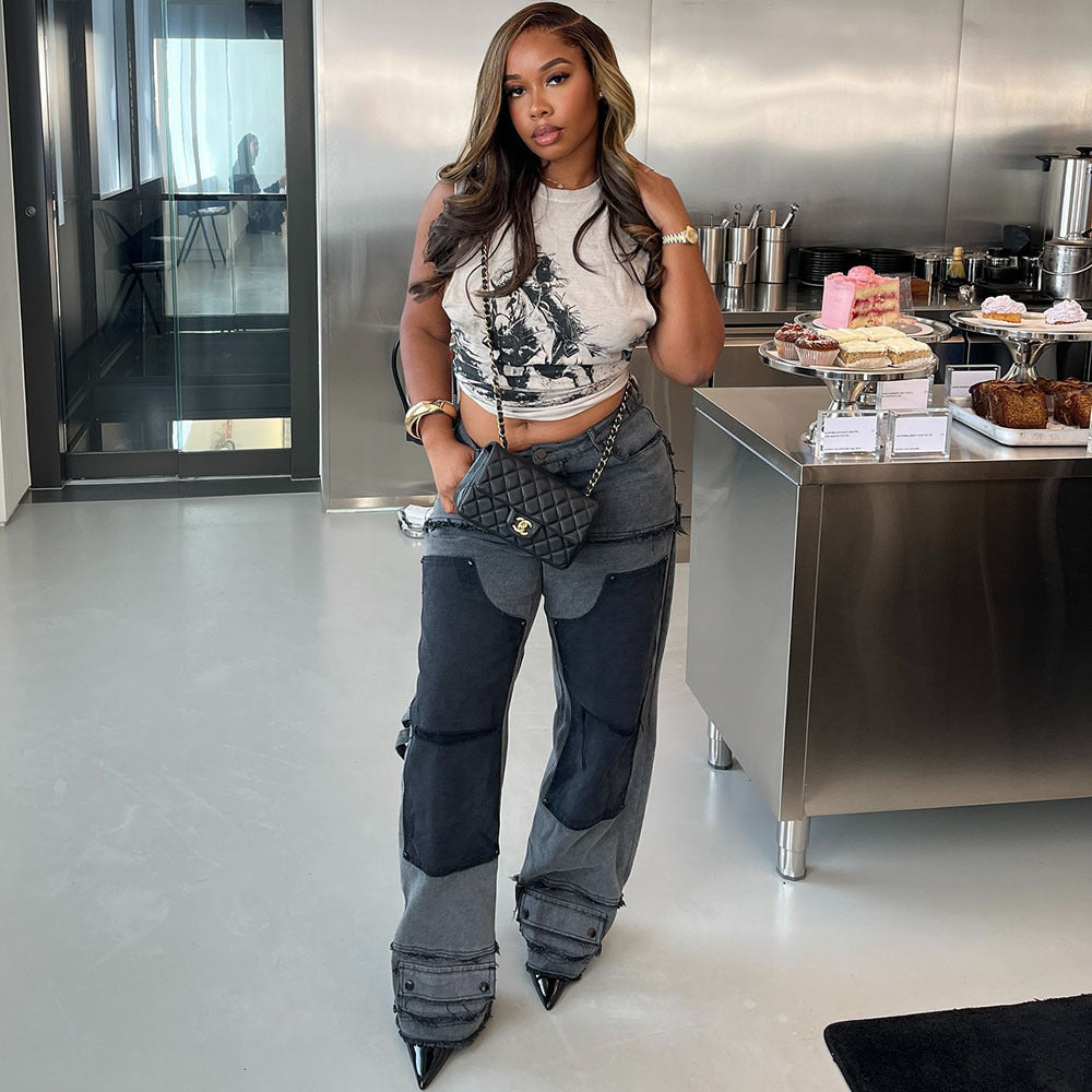 European and american style women's casual jeans - new  cross-border women's streetwear fashion patchwork multi-pocket jeans