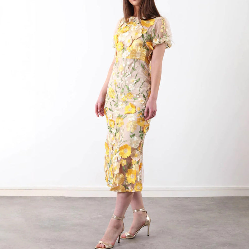 2025 spring new arrival: cross-border luxury round neck embroidered 3d floral puff sleeve midi bodycon dress