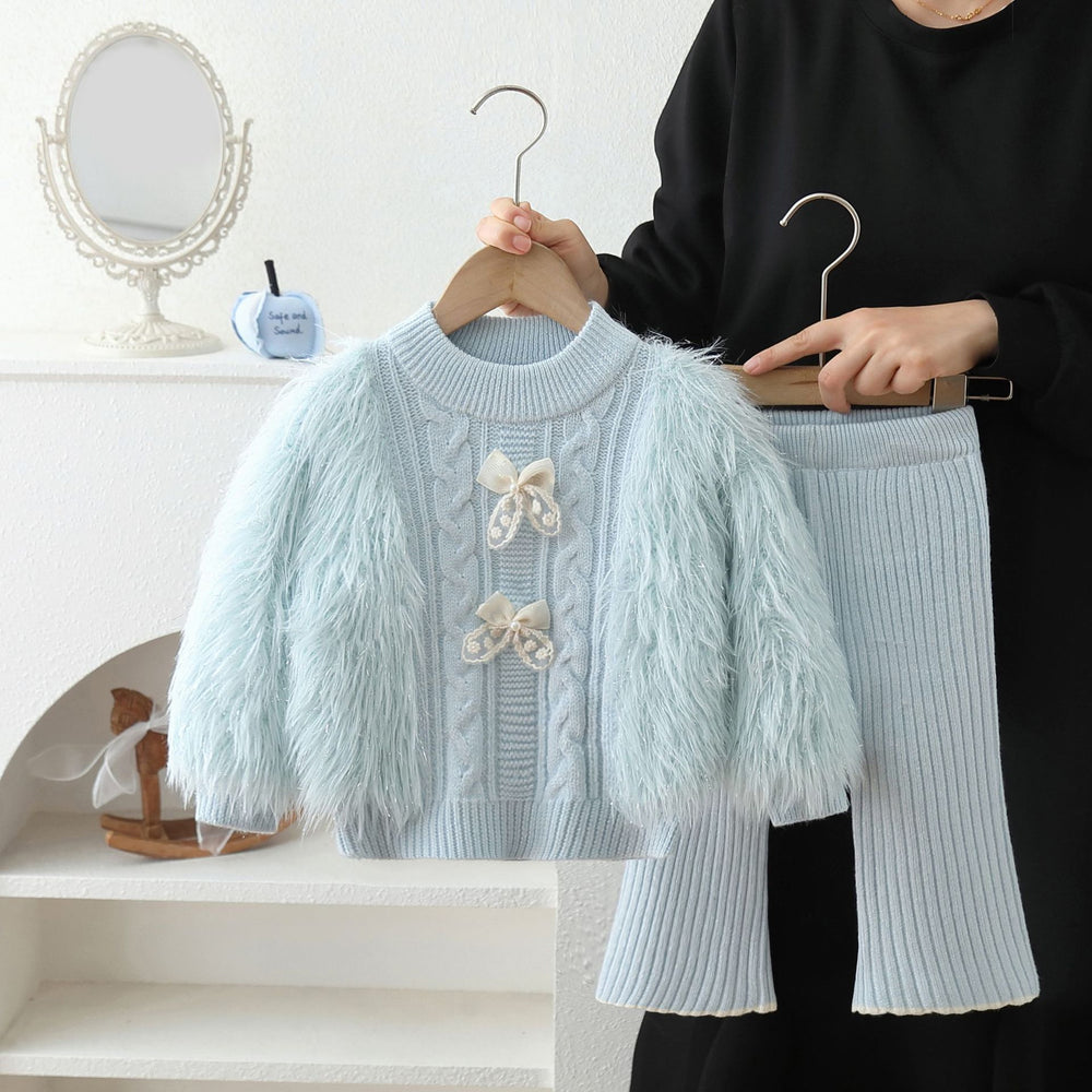 Girls' sweater set - new autumn/winter style, korean-inspired, solid color, fuzzy bow knit pullover two-piece outfit