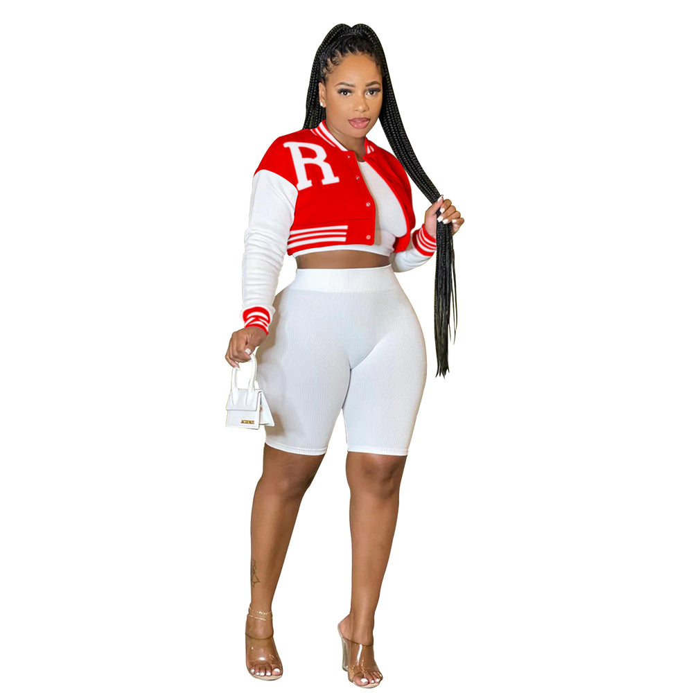 X6001 cross-border   fashion women's long-sleeved cropped jacket with lined shorts three-piece set