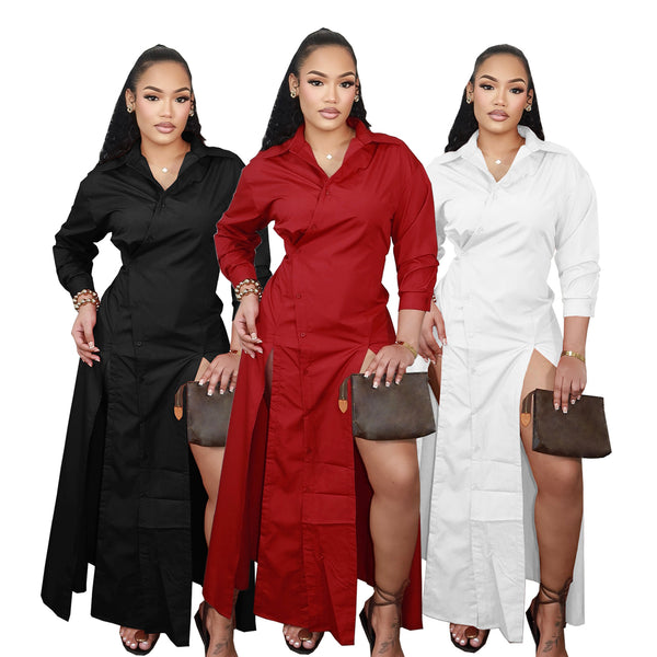 TW782  new  retro elegant fashion waist pendulum split shirt dress European and American commuting