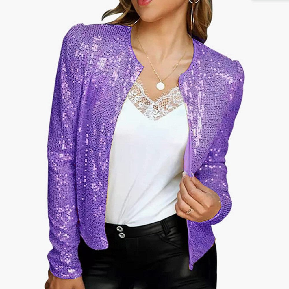 spring new arrival: european and american style fashion stand collar color block sequin jacket - short, casual, and versatile outerwear