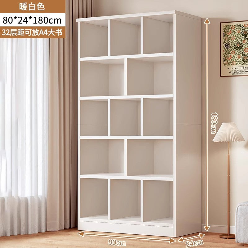 Simple bookshelf floor-to-ceiling against the wall, living room shelf layered storage rack, storage cabinet integrated, simple household bookcase