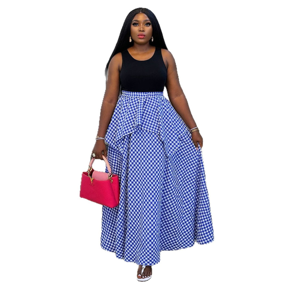 European and american cross-border african women's clothing  summer new fashion casual high-waisted slimming plaid long midi skirt