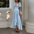 european and american export women's summer new fashion v-neck printed ruffle sleeve cinched waist beach vacation dress