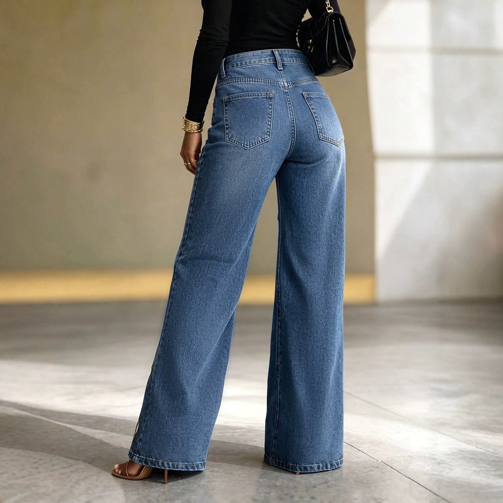 Fashionjeans women's high waist metal eye decoration loose pants pants light blue washed loosestraight-legpantsstylish trendy