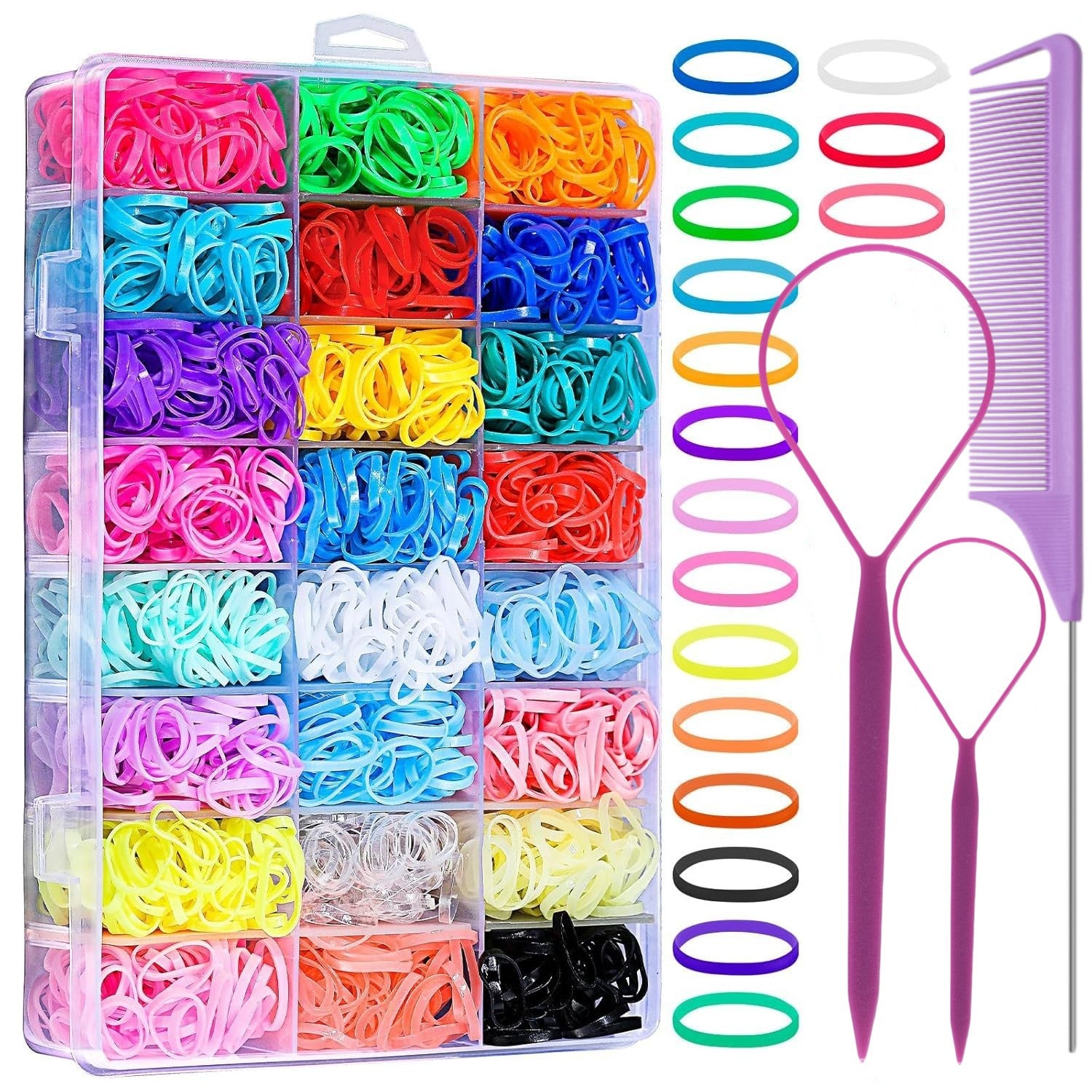 Cross-border special for children's rubber bands, colored hair ropes, 24/28/32-color boxed head ropes, hair pulling needles, pointed tail combs