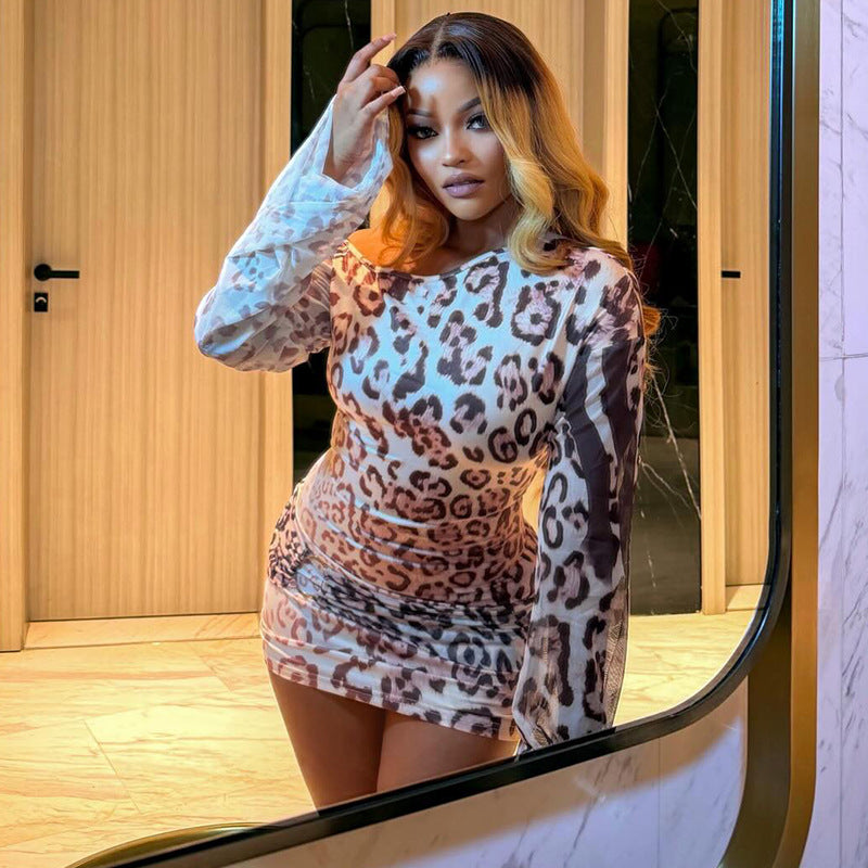 European and american style cross-border fashion leopard print women's bodycon mini dress - asymmetrical neck, long sleeves, hot girl style - hot seller