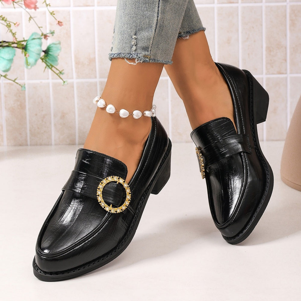Export thick heel pointed toe loafers for women new arrival belt buckle black british small leather shoes plus sizeflatswholesale