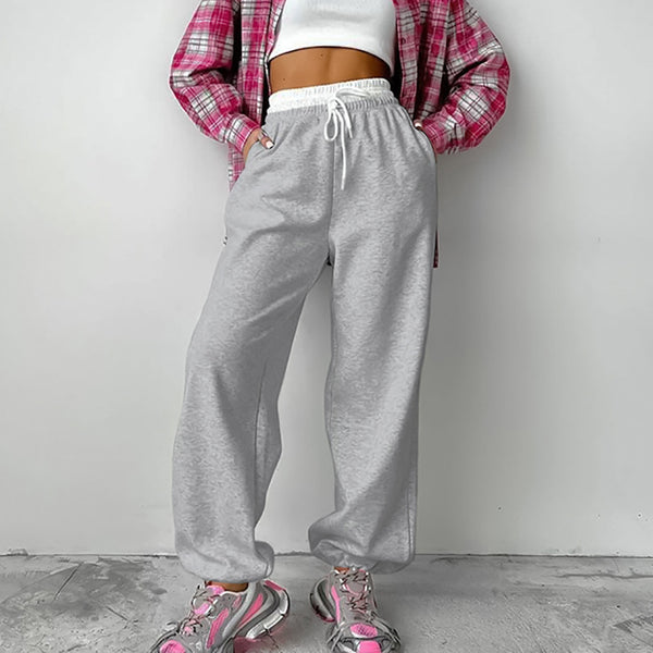 Gray low-rise sweatpants 2025 spring fashion contrasting color drawstring wide-leg casual pants versatile sweatpants European and American women's clothing