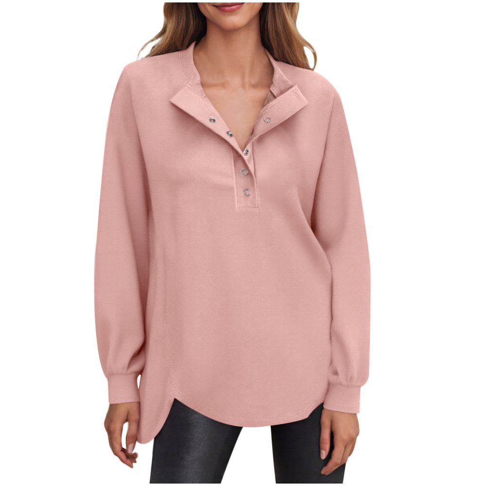 cross-border women's fashion casual solid color crew neck button-down long sleeve top hoodless sweatshirt