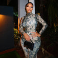 European and american style cross-border printed slim-fit women's jumpsuit - high neck, long sleeve, retro chic, trendy bodysuit