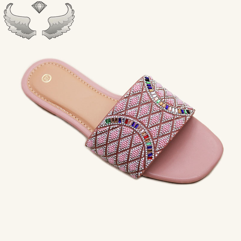 Factory ladies slippers批发夏季时尚水钻平底防滑凉拖工艺鞋女