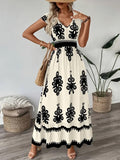 2025 new european and american amazon aliexpress summer fashion printed v-neck waist-defining long dress for women