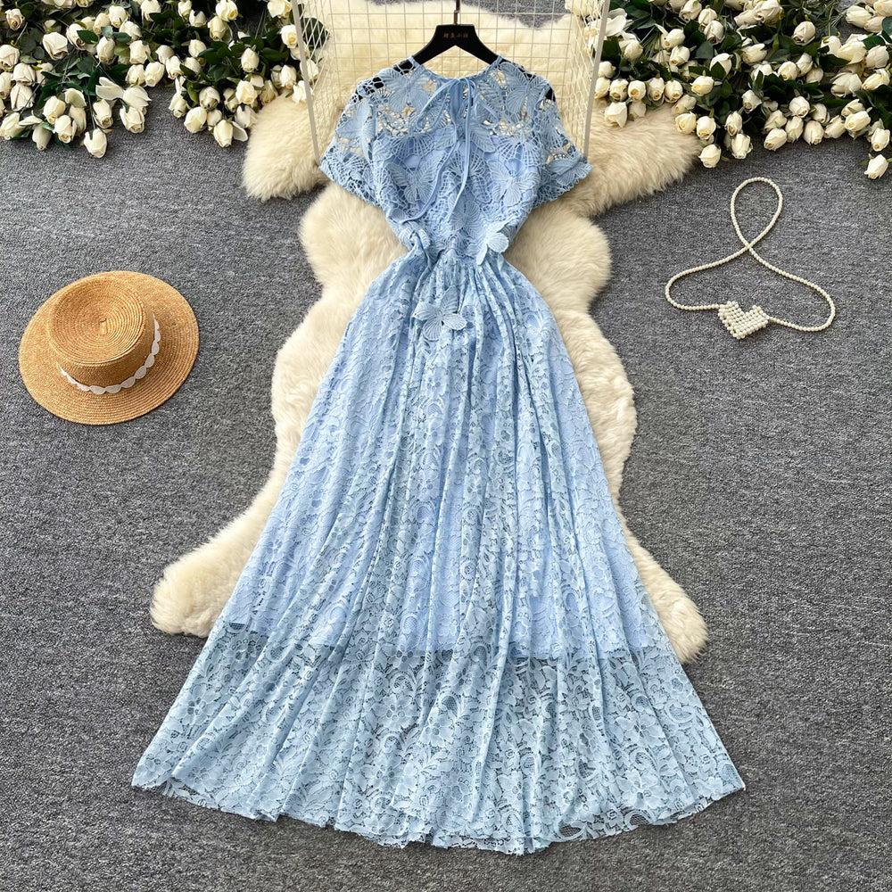 French chic lace cutout dress - women's summer tie-waist a-line elegant maxi dress