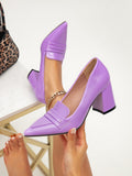 Purple pointed-toe chunky heel patent leather loafers for women, designed with a vintage and elegant style. perfect as single shoes for commuting, these artsy and retro-inspired shoes are a must-have