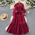 French chic lantern sleeve embroidered dress - spring beaded waist tie a-line maxi dress - elegant & professional