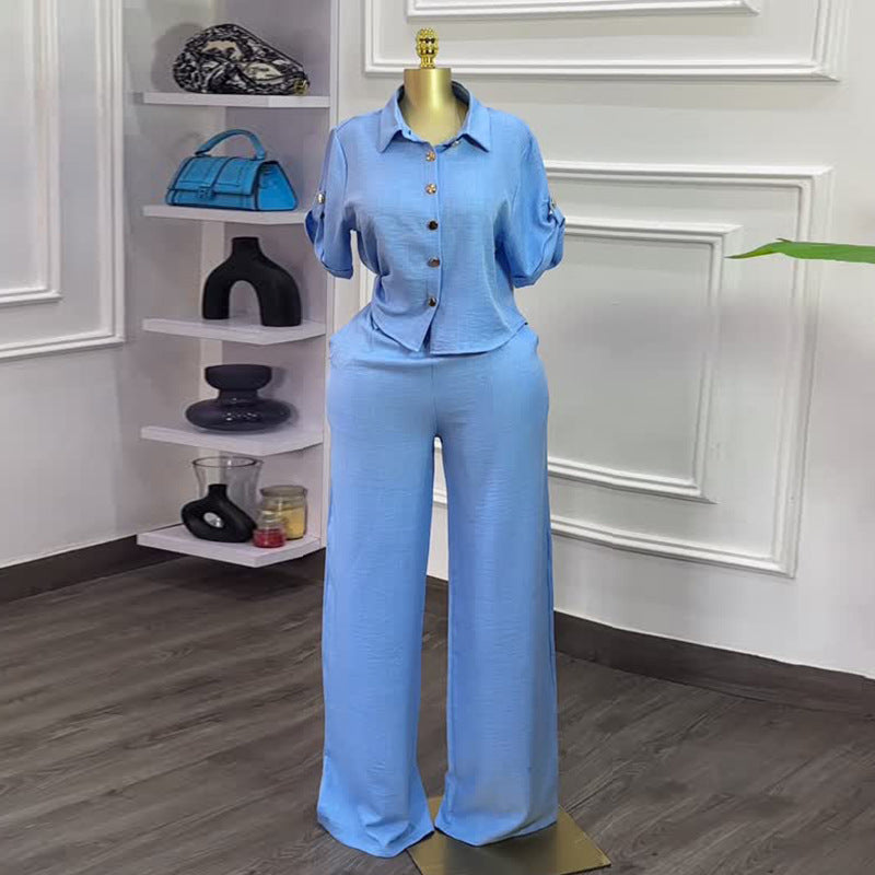 European and american women's clothing  autumn new collection: sweet and fresh turn-down collar short-sleeve shirt and high-waisted straight-leg pants two-piece set