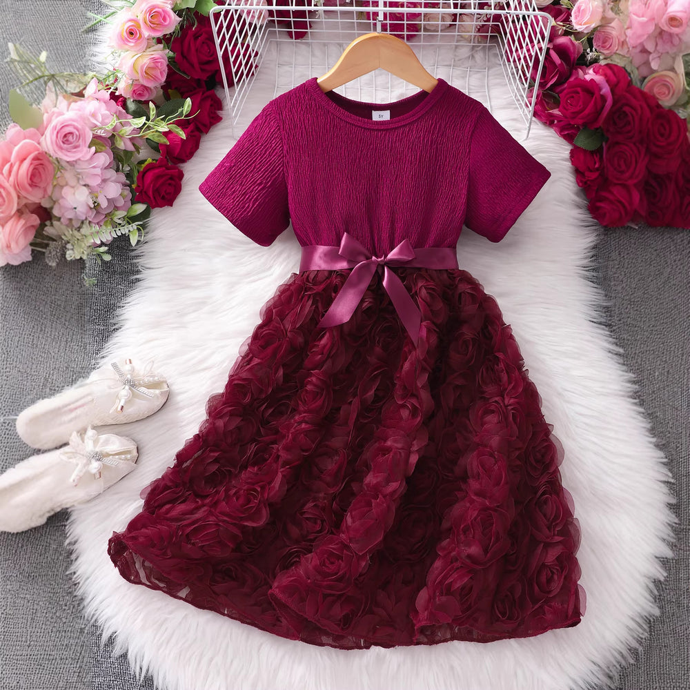 Girls' dress for toddlers and young children, 3d rose and bow dress