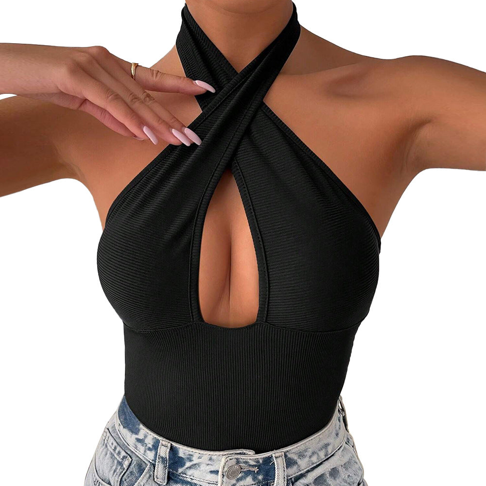 Amazon cross-border hot seller: new  spring/summer solid color sexy backless criss-cross cutout halter bodysuit