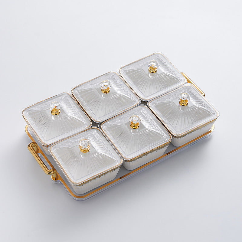 New arrival cream style dried fruit box for home ceramic divided dried fruit plate high-looking gold-rimmed snack plate living room candy plate