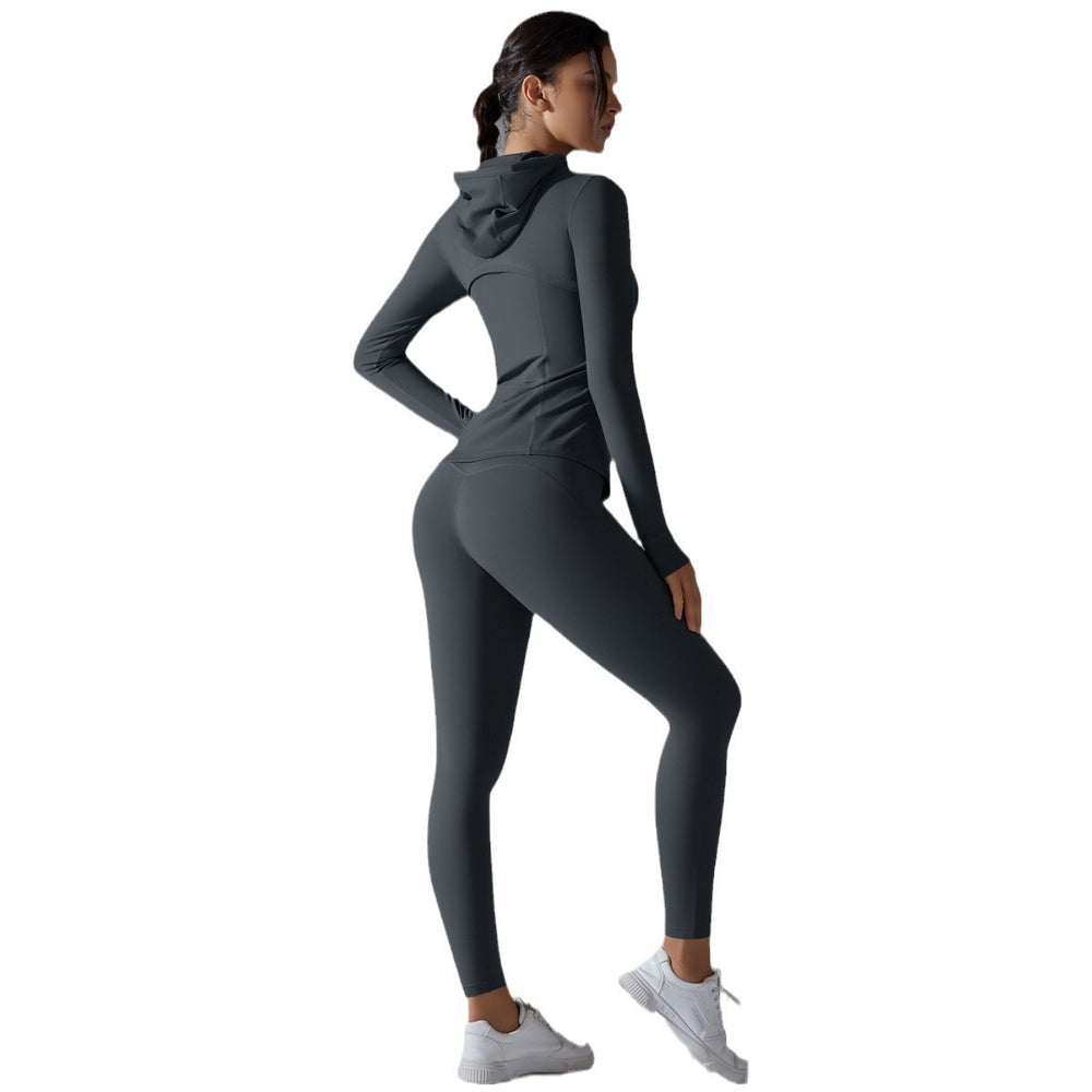 New outdoor running two-piece set: solid color quick-dry yoga outfit with hooded zip-up jacket and long-sleeve fitness set