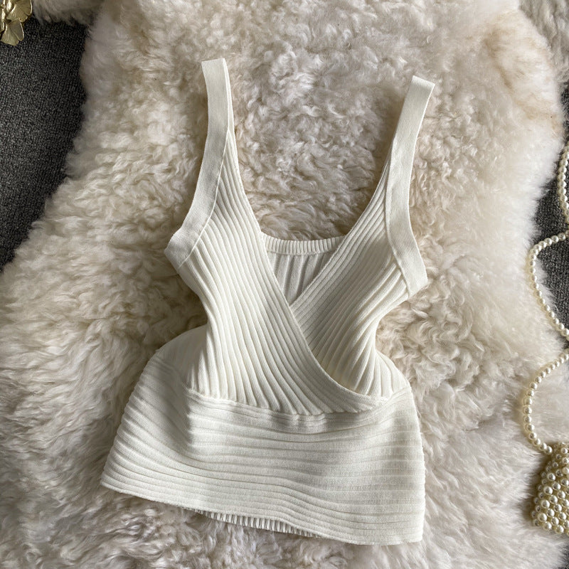 Retro pit knitting vest v neck inner wear pure colorhigh waistbacklessfashion street short silm suspender tops