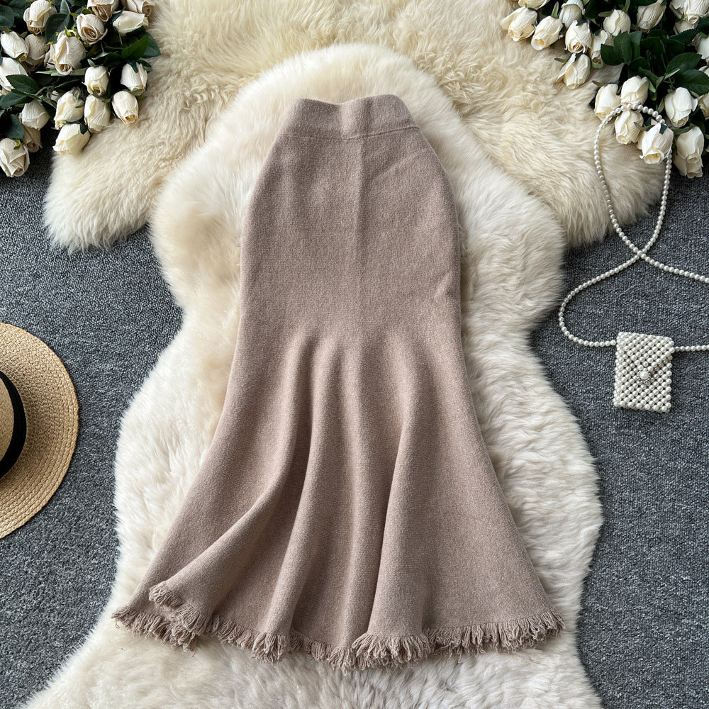 Frenchhigh waisteasiest for match skirt women fall and winter2025new arrivalclassy slimming look silm tassel fishtail knitting skirt
