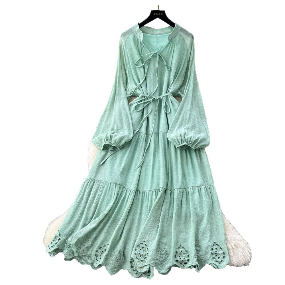 French chic tie-waist lantern sleeve cutout embroidered maxi dress - autumn/winter high-end women's dress