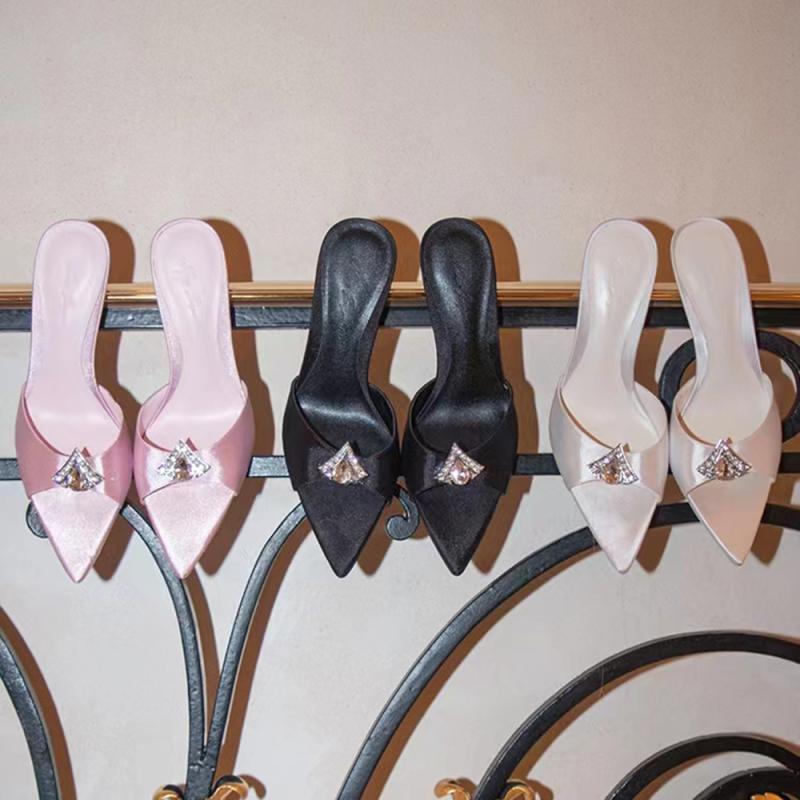 35-42 plus size pointed toe high-heeled sandals for women 2024 summer new arrival silks and satins rhinestone fairy style stiletto heel