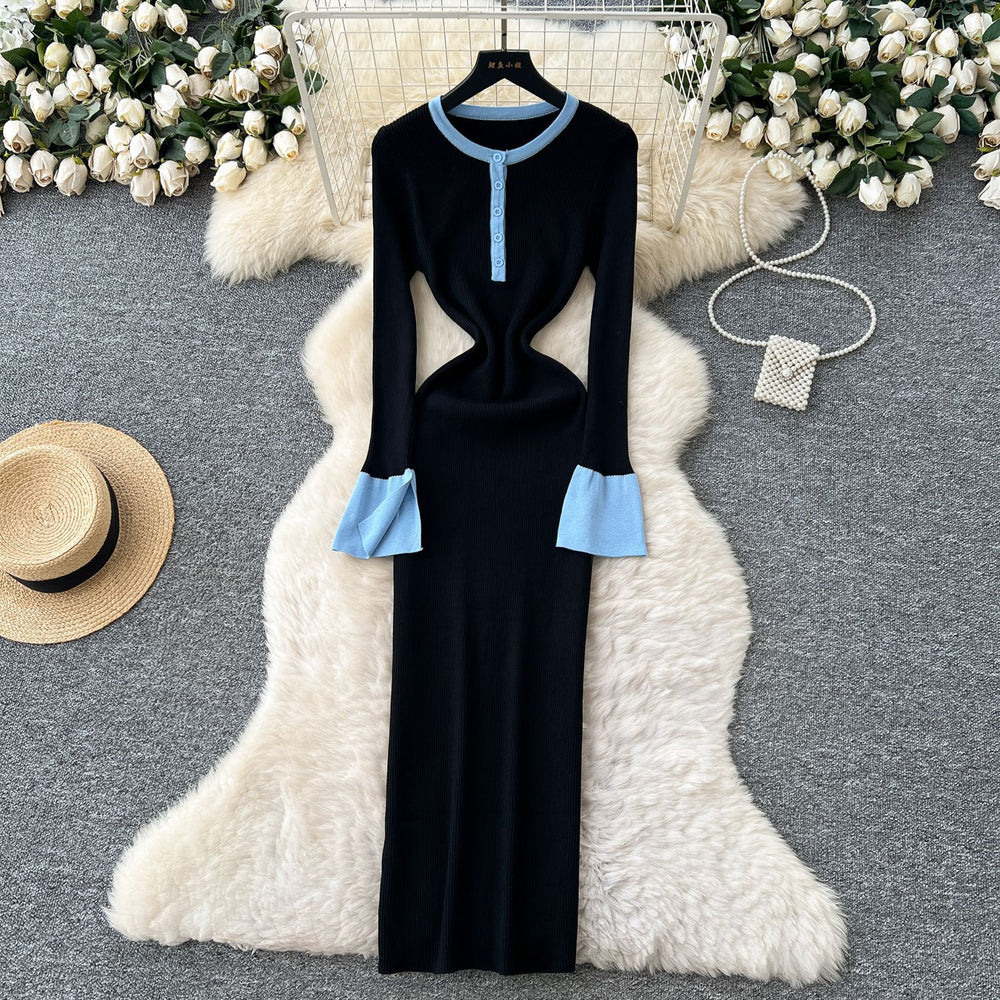Frenchretrofashionablecontrast color round neck slit long sleevesknittingdress women's autum waist slimming look bottom long skirt