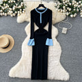 Frenchretrofashionablecontrast color round neck slit long sleevesknittingdress women's autum waist slimming look bottom long skirt