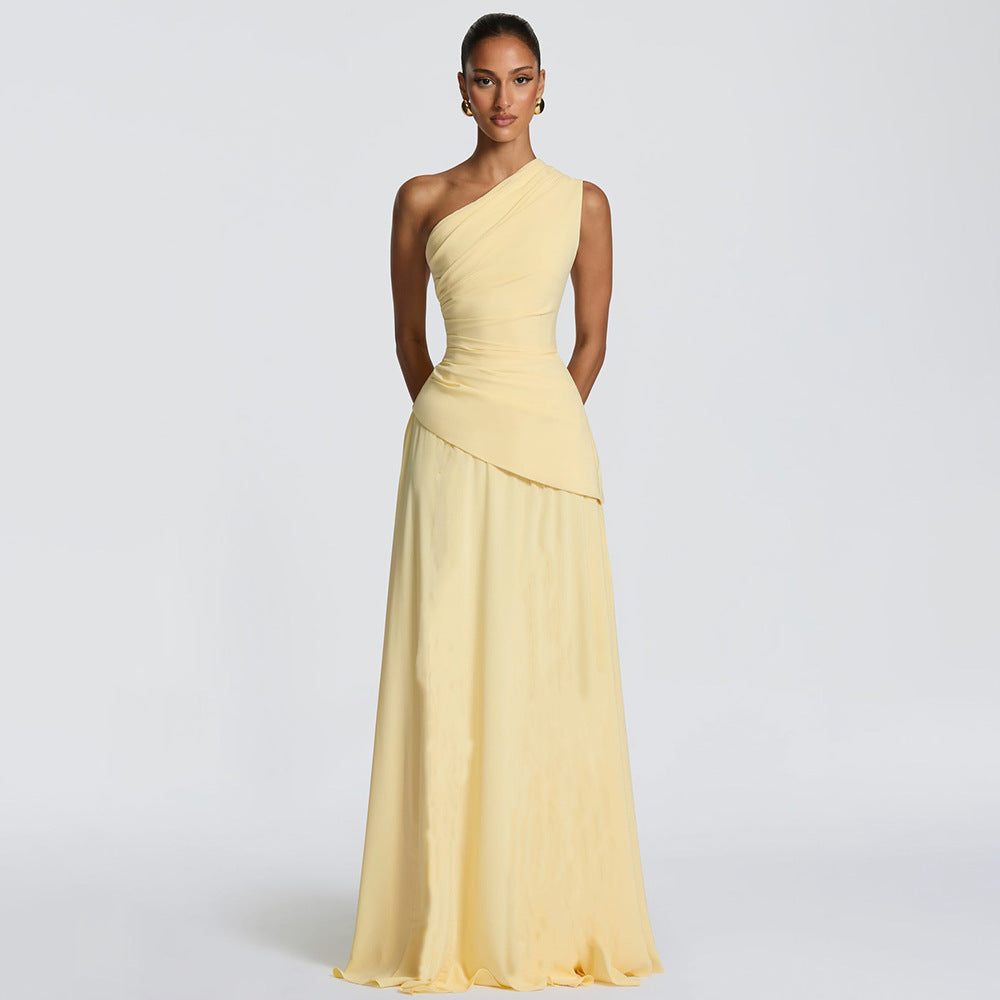 summer new arrival: elegant asymmetrical neck one-shoulder pleated chiffon bodycon backless maxi dress