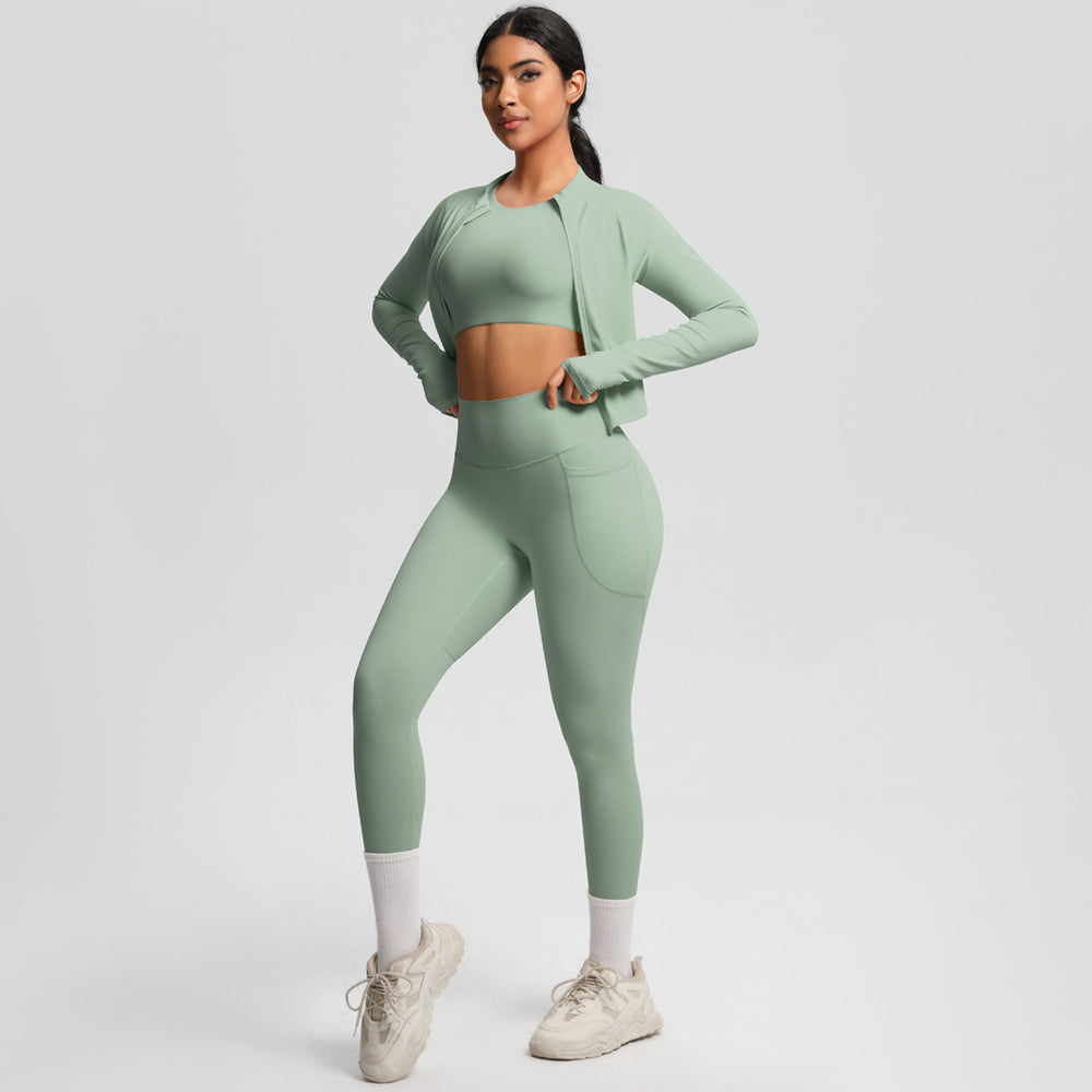 High-waisted, form-fitting, pocketed yoga set with a cropped, long-sleeved, cloud-feel, quick-drying running and fitness activewear three-piece set