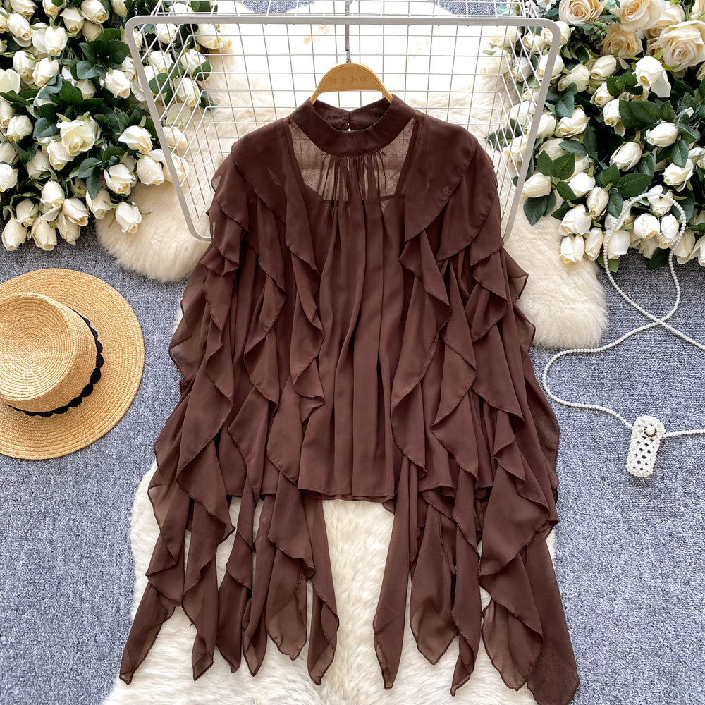 European and american fashion versatile ruffle trim chiffon blouse - women's  autumn lightweight loose fit slimming casual top