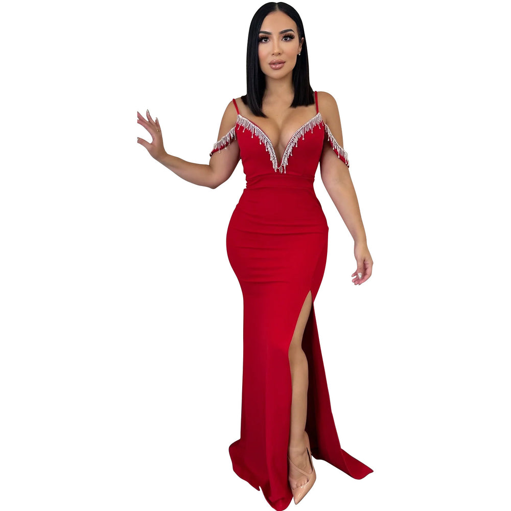 C6771 cross-border   fashion women's solid color tassel strap maxi dress