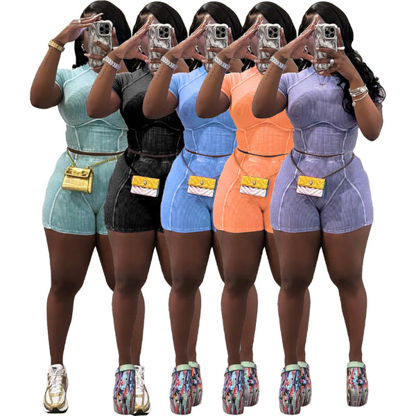 HR24020 European and American women's clothing, hot-selling, threaded washed and faded old two-piece shorts set