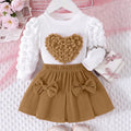 Children's clothing new arrival puff sleeve heart chapter tops+rose red bows skirt set