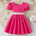 Exportsummergirldress pink square neck puff sleeves daisy belt waist a-line kids sweet skirt