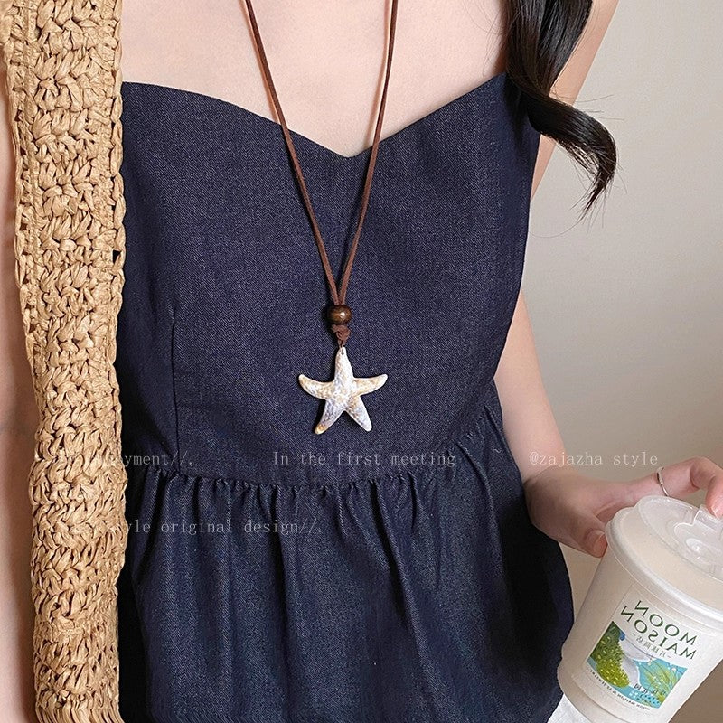 2026new arrival forest style retro starfish pendant necklace lazy style literary leather rope necklace ocean style clavicle chain