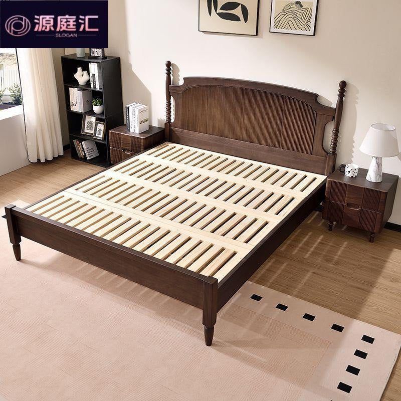 North american black walnut solid wood bed - all solid wood, french retro, mid-century style, high-end master bedroom log bed, wedding bed