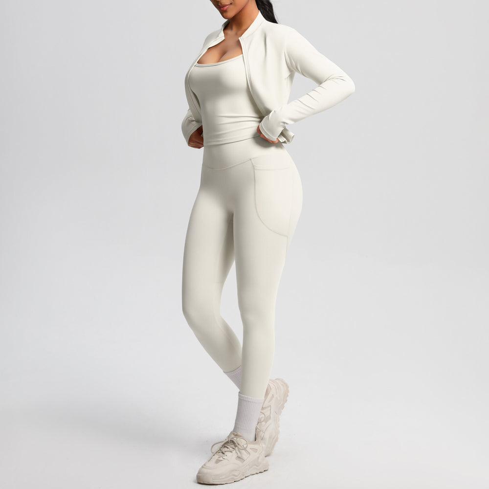 Fashion cross-border new cloud-sensing brushed sports vest flap pocket pantscasual hip-lifting fitness yoga wear three-piece set