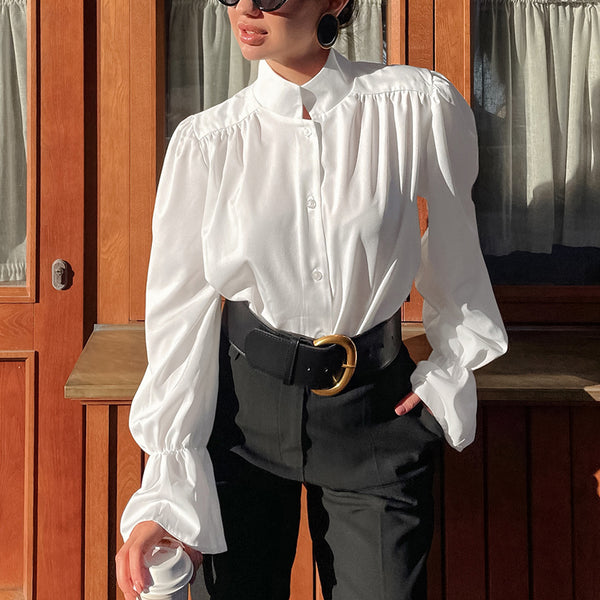 Autumn design French stand-up collar bubble sleeve shirt new  women's clothing niche casual shirt loose top