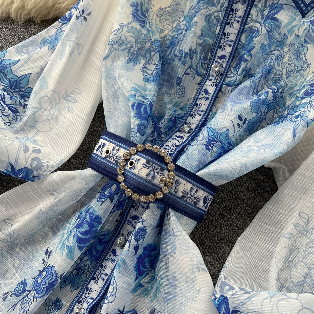 Vintage court style blue and white porcelain print dress - women's spring long sleeve slimming a-line maxi dress - elegant and chic