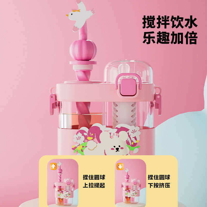 Kids' divided water bottle with stirring function, dual-drink straw cup, portable sports plastic water bottle for students