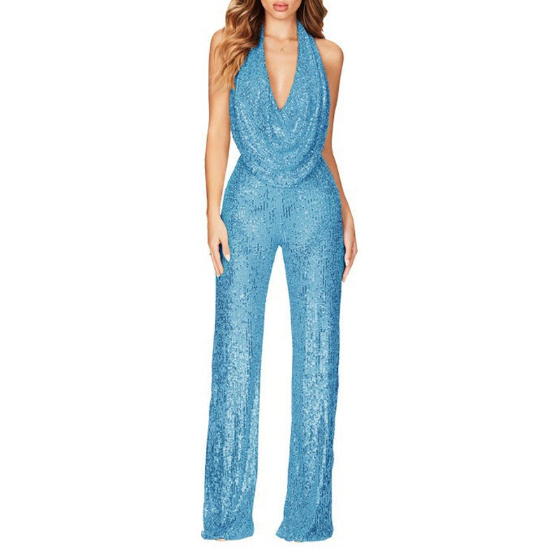 Ready-to-ship european and american new arrivals:   summer cross-border sleeveless halter sequin jumpsuit for women
