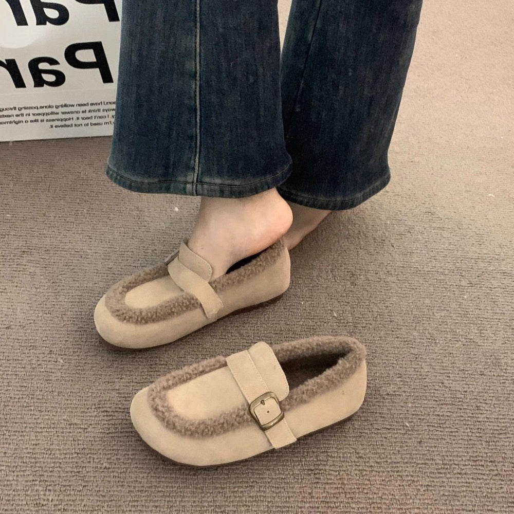 Retrofleece-lined loafers for women 2026fall and winterheattech shoes slip-on grandma soft bottom birkenstock shoes women's shoes cotton shoes