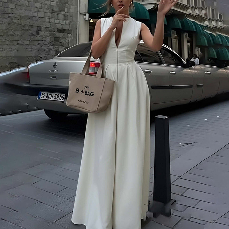 cross-border e-commerce women's fashion: european and american summer new arrivals - stylish, chic, and trendy solid color wide-leg jumpsuit for work and casual wear