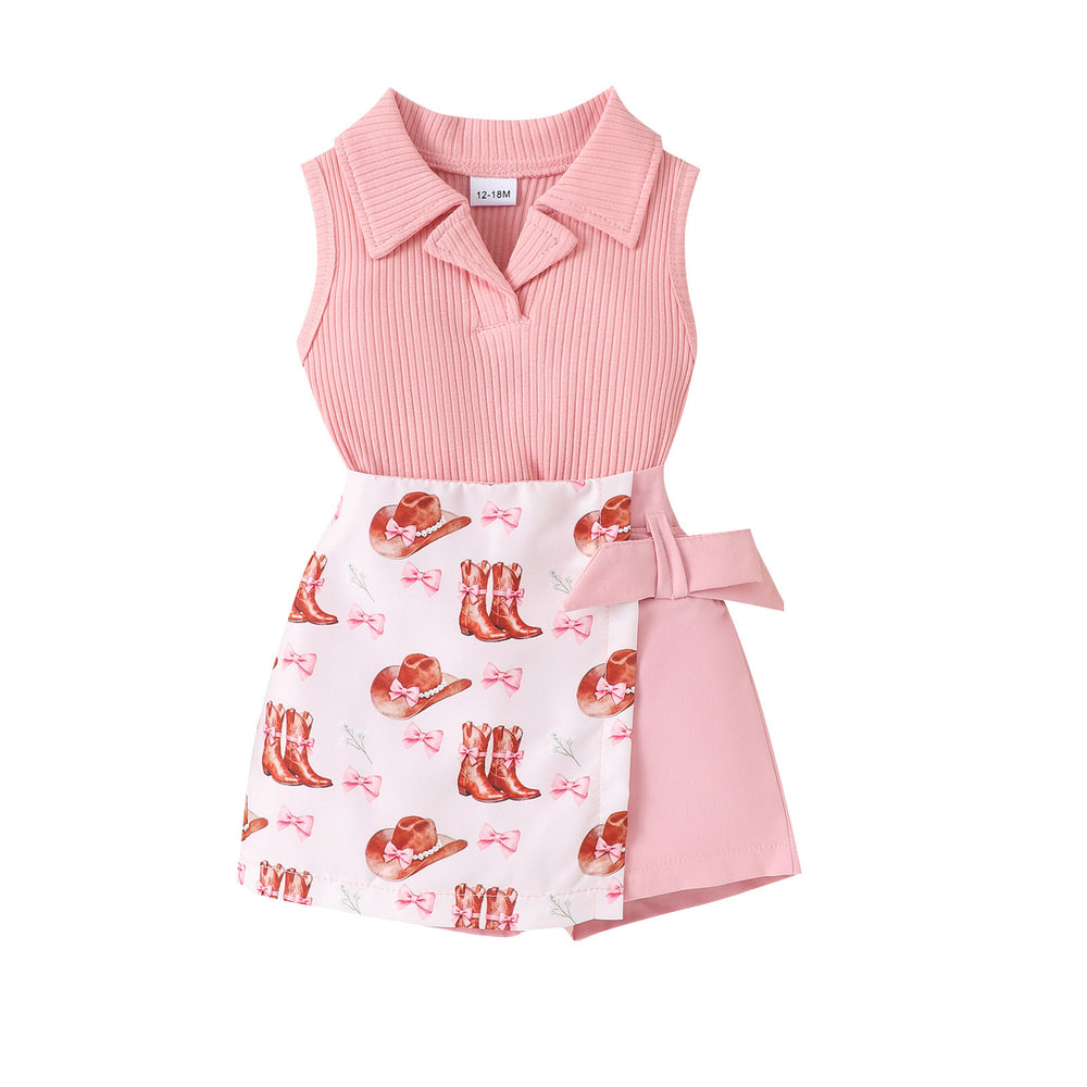 fashionsummer new pure color vest lapel a-line shorts skirt all-in-one children's clothing suit sweet cool style girl