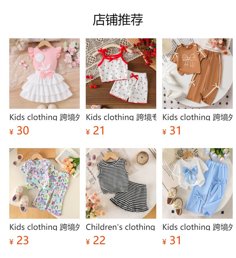 Kids clothing cross-border exclusive iexport fashion children's clothing new arrival children's flying sleeve t-shirt + blue pants